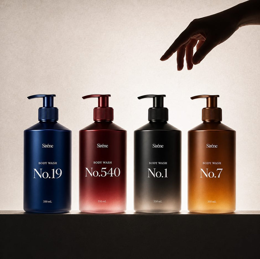 Four Siréne body wash bottles on a shelf